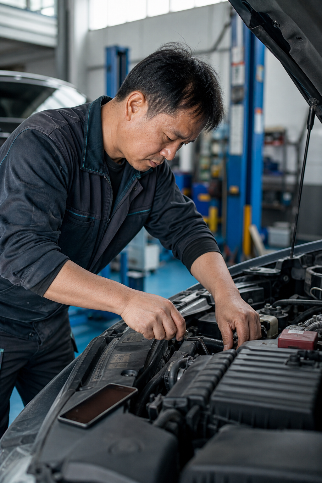 汽車技師在維修車輛時,手機放在車旁