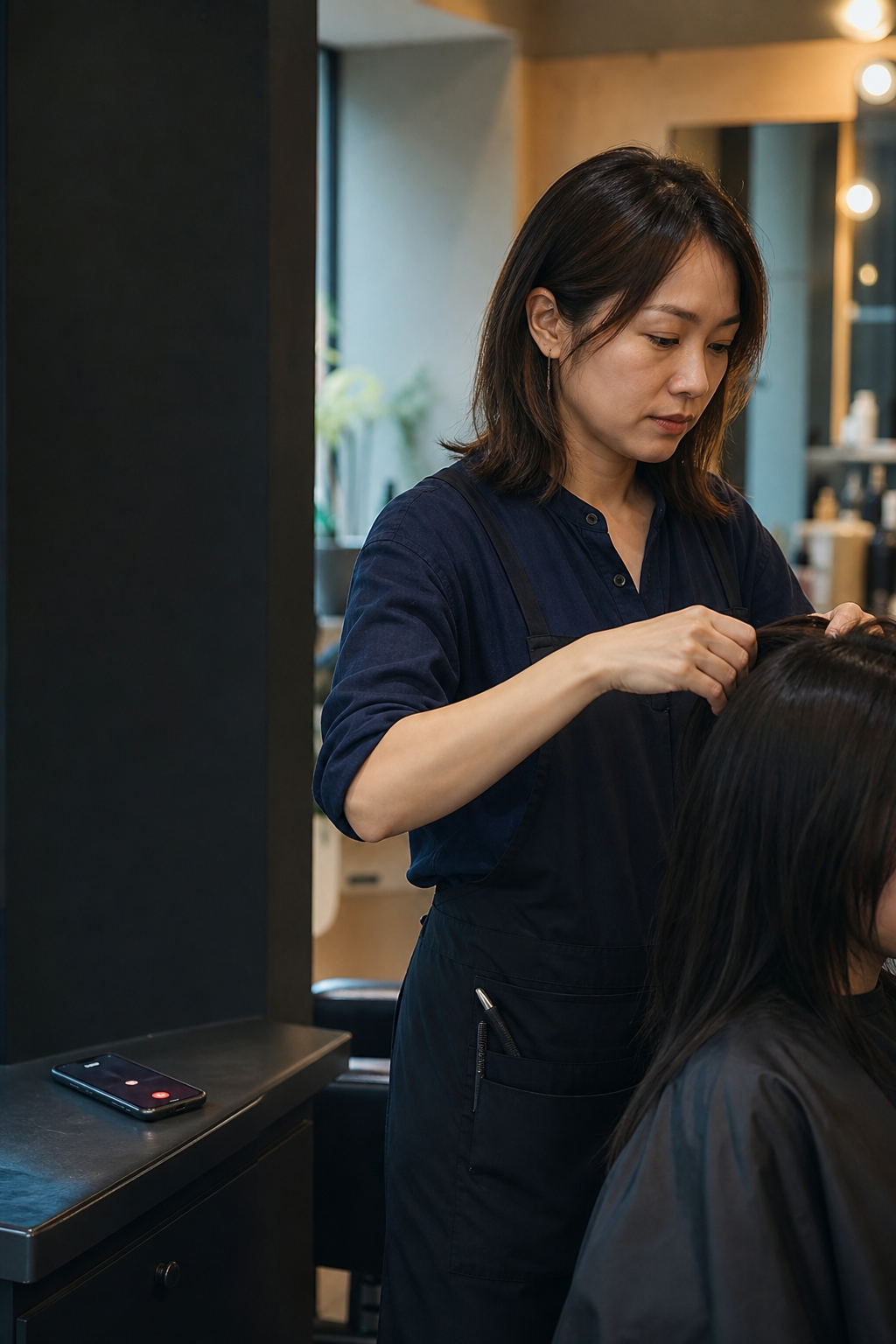 美容師服務客人時,手機放在工作檯旁